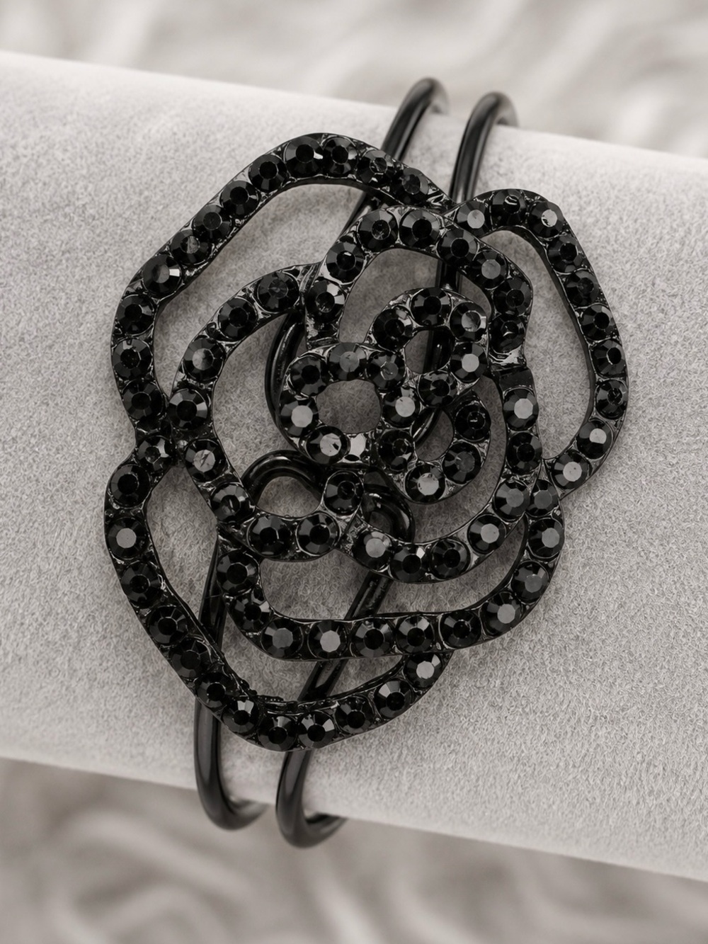 Elegant Black Gunmetal Bling Accent Floral Hinged Bracelet